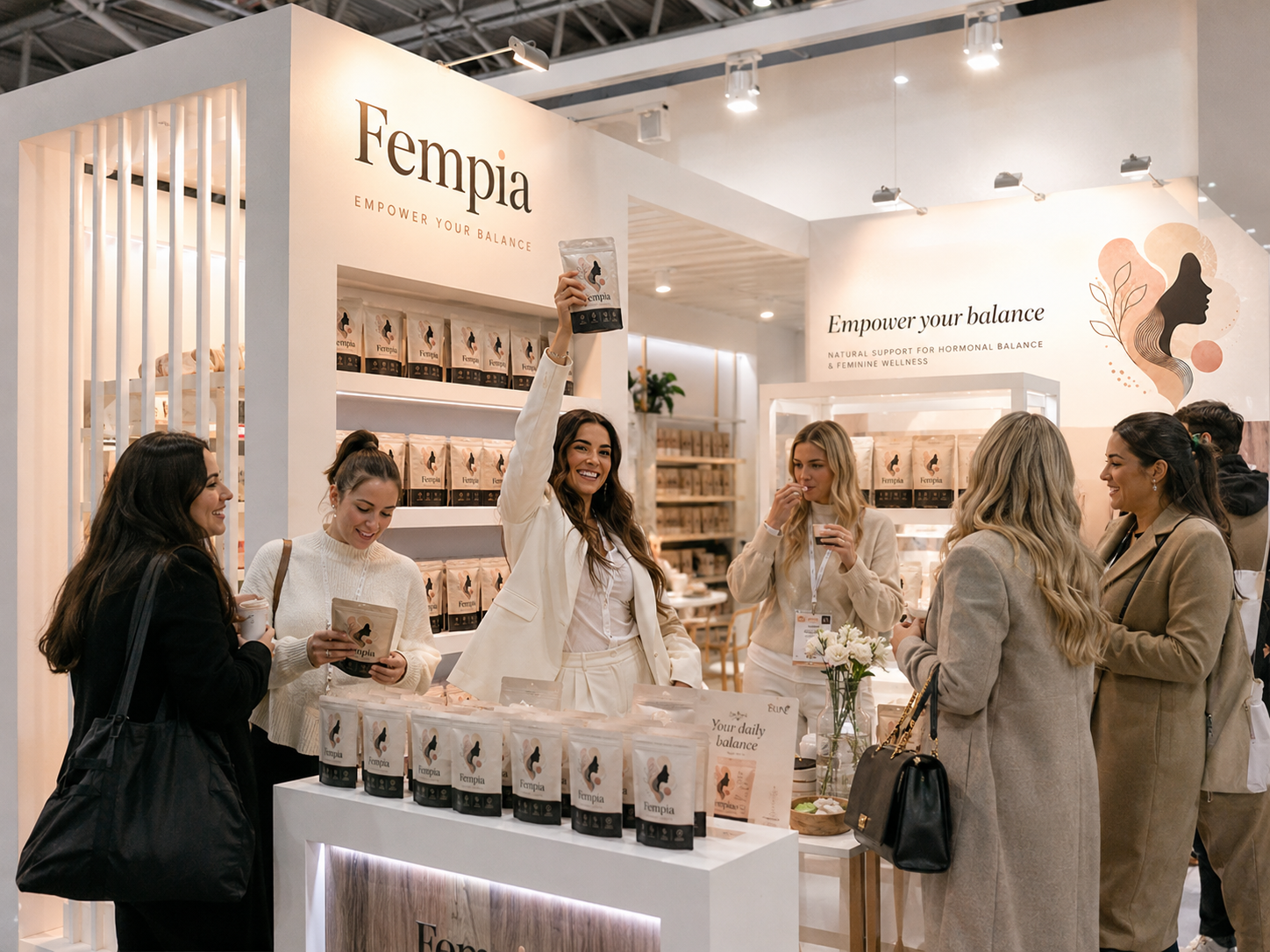 Fempia booth at a trade show with attendees interacting and holding products.
